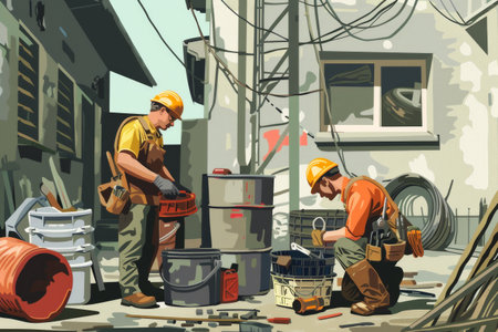 A repair team utilizes various tools and materials to address electrical work outside, showcasing teamwork and technical skill.の素材