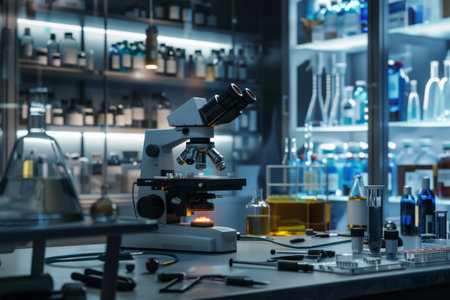A well-organized laboratory is equipped with a microscope, various glassware, and colorful liquids filling shelves during evening hours.の素材