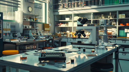 The laboratory features a range of scientific instruments, workstations, and materials illuminated by natural light, emphasizing research preparation.の素材