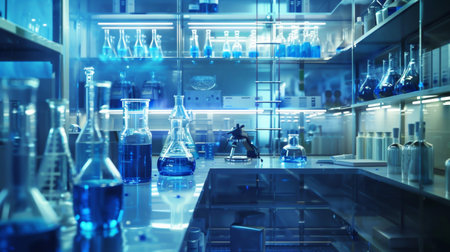 A modern laboratory showcases various glass containers filled with blue liquid, emphasizing scientific exploration and research.の素材