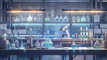 A detailed laboratory filled with various glassware and equipment, showcasing colors and reflections under bright overhead lights.の素材