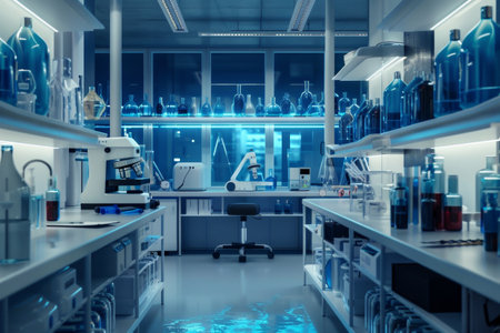A well-lit laboratory displays numerous glass bottles and scientific equipment, showing an environment of research and discovery.の素材