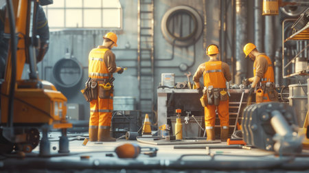 A repair team works diligently with various tools and materials to maintain equipment at an industrial facility.の素材