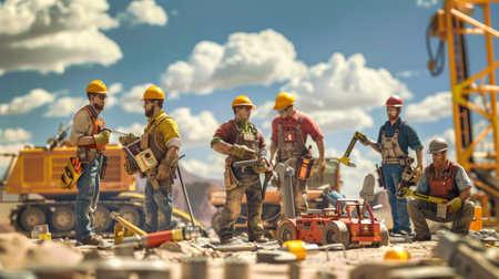 A group of skilled workers collaborated at a construction site, utilizing various tools and materials during the afternoon.の素材