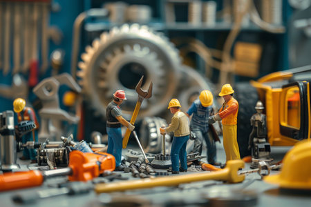 A team of repair workers is collaborating at a construction site using various tools and materials to complete their tasks.の素材