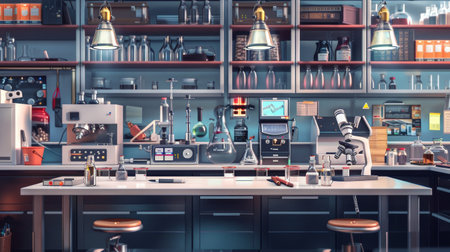 The laboratory features a variety of scientific equipment, including glassware, microscopes, and neatly arranged storage for experiments.の素材