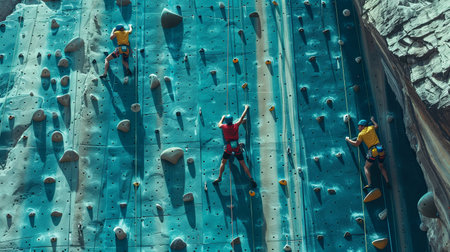 Adventurous climbers are scaling a vibrant indoor rock wall, showing off their skills and determination in a lively environment.の素材