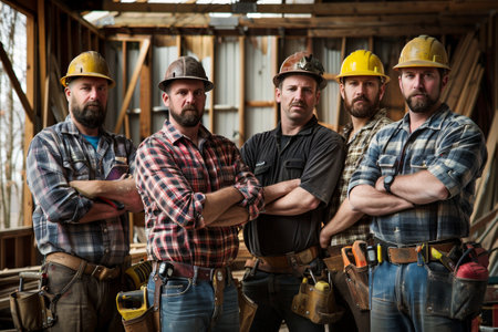 A dedicated repair team stands confidently at a construction site, showing their tools and materials for the ongoing project.の素材