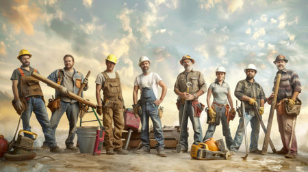 A dedicated repair team stands at a construction site, equipped with various tools and materials, showing teamwork and skill.の素材