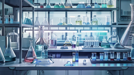 The laboratory is filled with various glass containers showing vibrant colored liquids, all arranged neatly on shelves.の素材