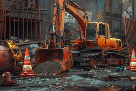 An excavator operates at a construction site, surrounded by debris and caution cones in a bustling urban environment.の素材