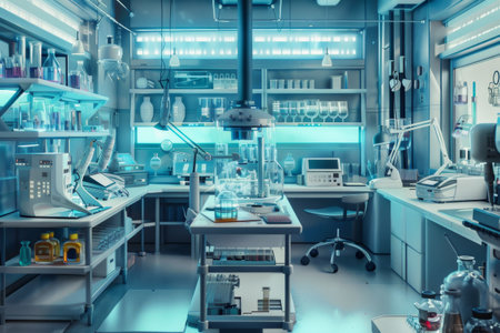 The laboratory features high-tech instruments, colorful glassware, and organized workstations, showcasing a sophisticated research environment.の素材