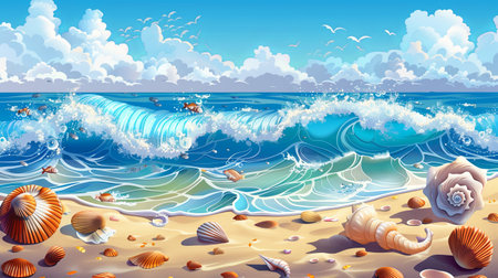 The ocean waves crash onto the sandy beach, revealing a variety of seashells under a clear blue sky with scattered clouds.の素材