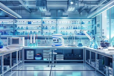 The lab features blue lighting, neatly arranged glassware, and equipment, creating a professional scientific environment.の素材
