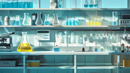A bright laboratory setting showcases an array of glass containers filled with colorful liquids, highlighting scientific research activities.の素材