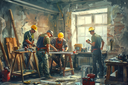 A dedicated repair team is actively involved in renovation tasks at a construction site, surrounded by tools and materials.の素材