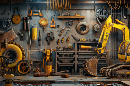 The workshop showcases an array of tools and equipment neatly arranged on a wall, with a yellow excavator nearby.の素材