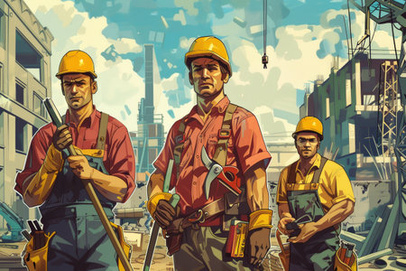 A dedicated repair team works at a construction site, utilizing various tools and materials to facilitate progress and teamwork.の素材