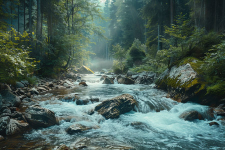 The crystal-clear river meanders through a verdant forest, highlighted by soft morning mist and vibrant greenery surrounding rocky banks.の素材