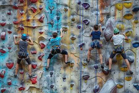 Three children are climbing a vibrant indoor rock wall, skillfully navigating colorful holds while secured with harnesses.の素材