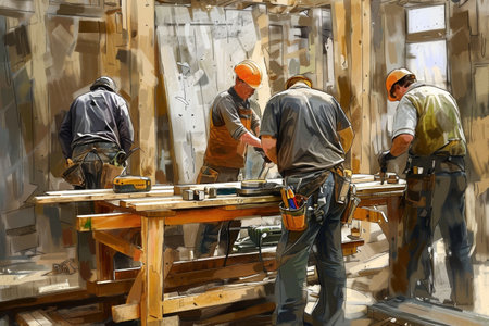 A team of skilled workers collaborates at a construction site, using various tools and materials for ongoing repairs.の素材