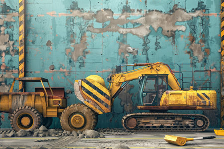 A yellow excavator and a dump truck are operating together on a construction site surrounded by a weathered wall and debris.の素材