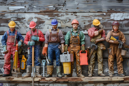 A dedicated repair team stands ready at the worksite, equipped with essential tools and materials for their upcoming tasks.の素材