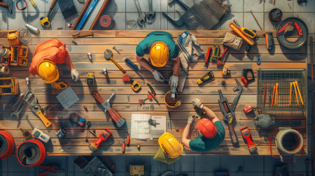 A dedicated repair team works together at a cluttered workbench, utilizing tools and materials for their ongoing project in the workshop.の素材