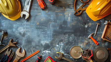 A repair team is actively working at a construction site, organizing various tools and materials needed for their tasks.の素材