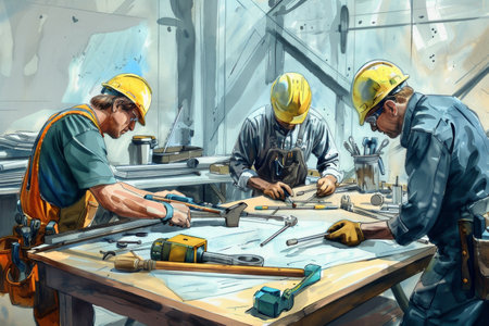 A dedicated repair team collaborates at a construction site, using tools and materials to complete their project effectively.の素材