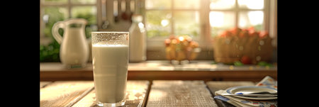 A fresh glass of milk sits on a rustic wooden table, illuminated by morning sunlight, with fruit and kitchenware in the background.の素材
