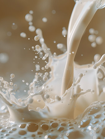 A stream of milk cascades into a bowl, creating exciting splashes against a warm kitchen background.の素材