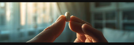 The individual carefully examines a small capsule in their fingers, with sunlight streaming through a window, creating a serene atmosphere.の素材