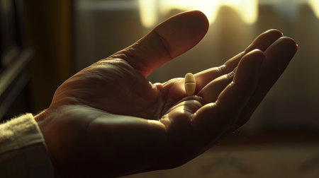 A hand delicately cradles a pill, illuminated by gentle morning sunlight streaming through a nearby window.の素材