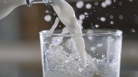 Fresh milk is being poured into a glass, causing splashes and bubbles, highlighting the start of a morning routine.の素材