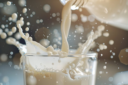 A stream of fresh milk cascades into a glass, splashing and creating droplets in soft morning light, showing a refreshing moment.の素材