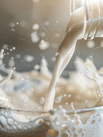 A bottle pours milk into a glass, causing an explosion of droplets and foam as light filters through the kitchen, creating a soft glow.の素材