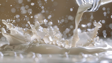 Milk cascades into a bowl, creating splashes and droplets that dance in the air, capturing a moment of culinary creativity.の素材