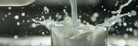 Milk is splashing energetically into a glass, creating droplets and a lively atmosphere in a bright indoor setting.の素材