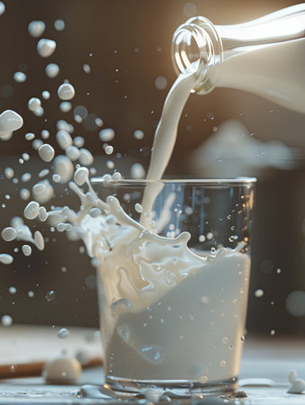 Milk is being poured from a bottle into a glass, splashing across a wooden surface with a warm, inviting atmosphere.の素材