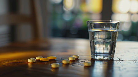 Yellow tablets lie scattered around a glass of water, set on a wooden table illuminated by soft afternoon sunlight.の素材