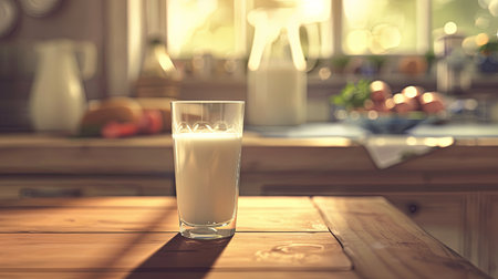 Fresh milk stands in a clear glass on a rustic wooden table, illuminated by soft sunlight entering the cozy kitchen.の素材