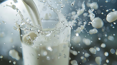 Milk is poured into a glass, creating a dynamic splash, with droplets catching the light in a bright kitchen environment.の素材