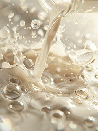 A stream of liquid cascades from a container, creating dynamic splashes and droplets against a shimmering surface.の素材