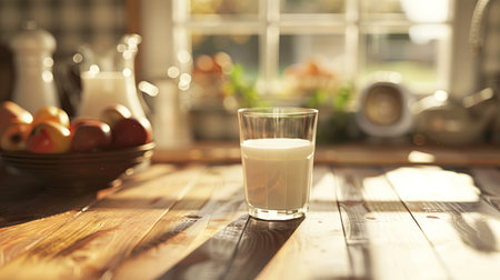 A glass of milk sits on a rustic wooden table, bathed in warm sunlight, with a bowl of fresh apples nearby, creating a cozy kitchen vibe.の素材