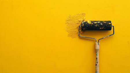 A roller brush applies vibrant yellow paint to a wall, showing a creative process in an interior room filled with light.の素材