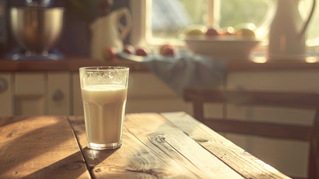 A glass of milk sits on a wooden table, illuminated by warm sunlight, with fresh fruits visible in the background.の素材