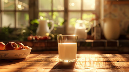 Sunlight filters through the windows, illuminating a glass of milk on a wooden table with fresh fruits nearby in a cozy kitchen.の素材
