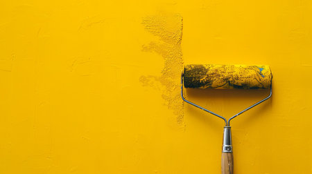 A roller brush covered with yellow paint is used to apply a fresh coat on a wall, enhancing the room's brightness and warmth.の素材