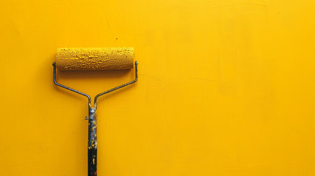 A paint roller coated in vibrant yellow paint leans against a smooth, freshly painted wall, showcasing home improvement activity.の素材